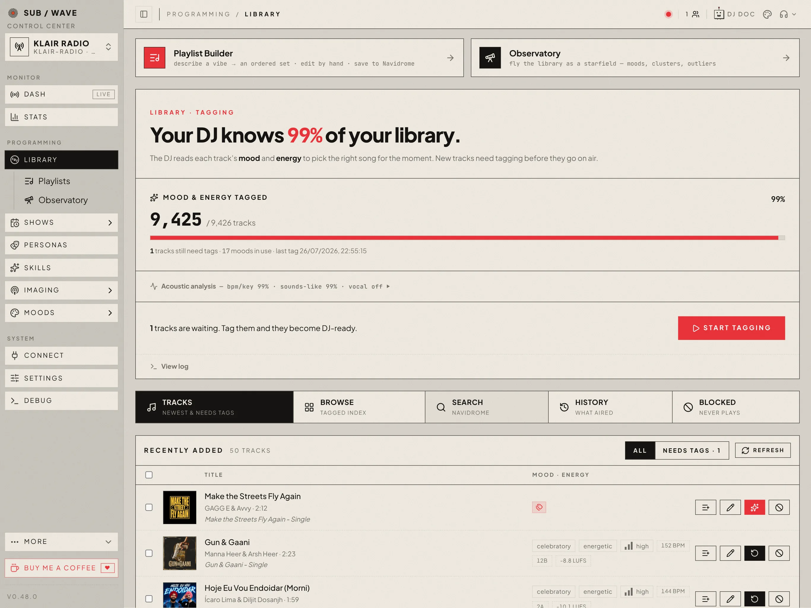 The admin Library page: a headline reading how much of the library the DJ knows, a mood-and-energy tagging progress bar, an acoustic-analysis coverage line, and a list of recently added tracks with their mood tags